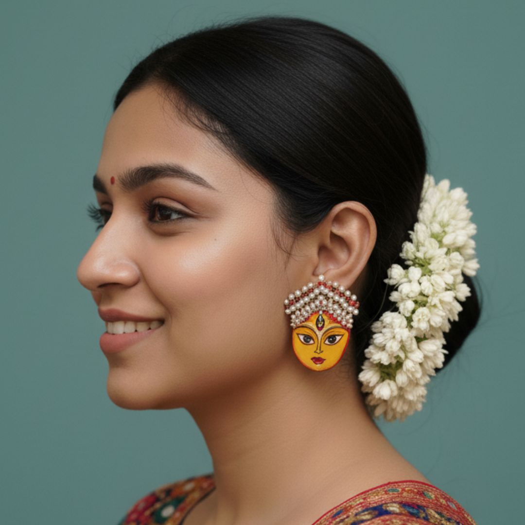 Maa Durga Traditional Multi Color Hand Painted Drop (Earrings) HP - ER - KHOJ.CITY