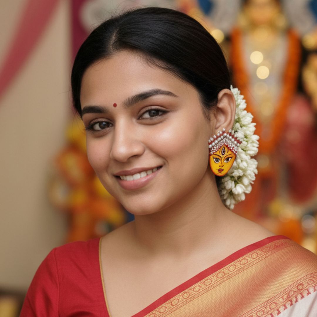 Maa Durga Traditional Multi Color Hand Painted Drop (Earrings) HP - ER - KHOJ.CITY