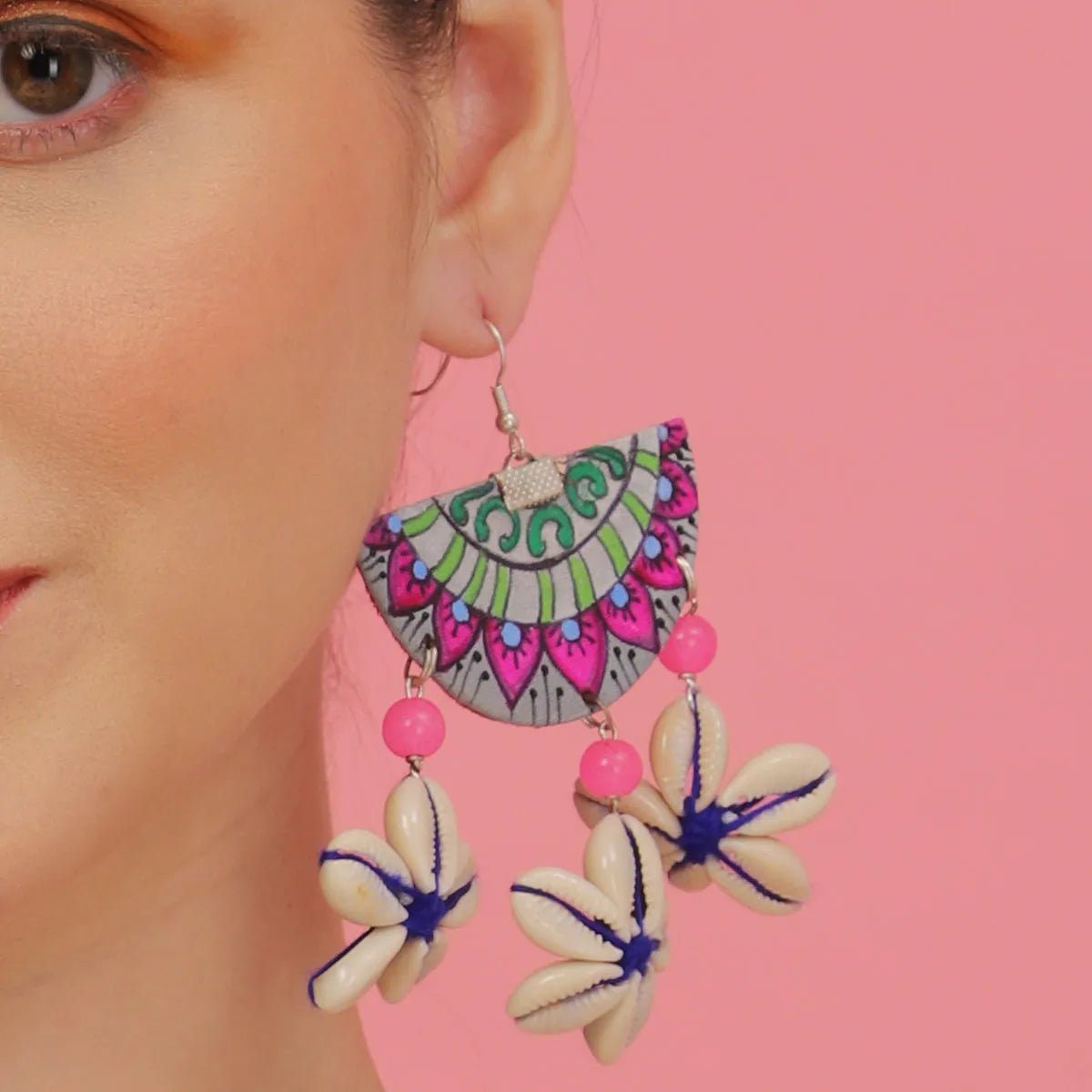 Mandala Shell Bohemian Multi Color Hand Painted Drop (Earrings) HP - ER - 099 - KHOJ.CITY
