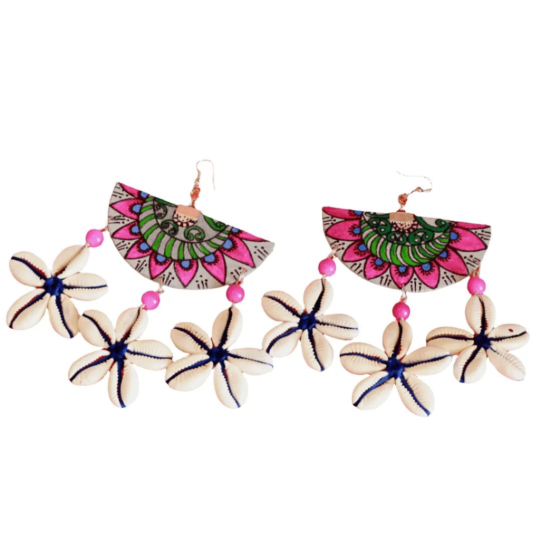 Mandala Shell Bohemian Multi Color Hand Painted Drop (Earrings) HP - ER - 099 - KHOJ.CITY