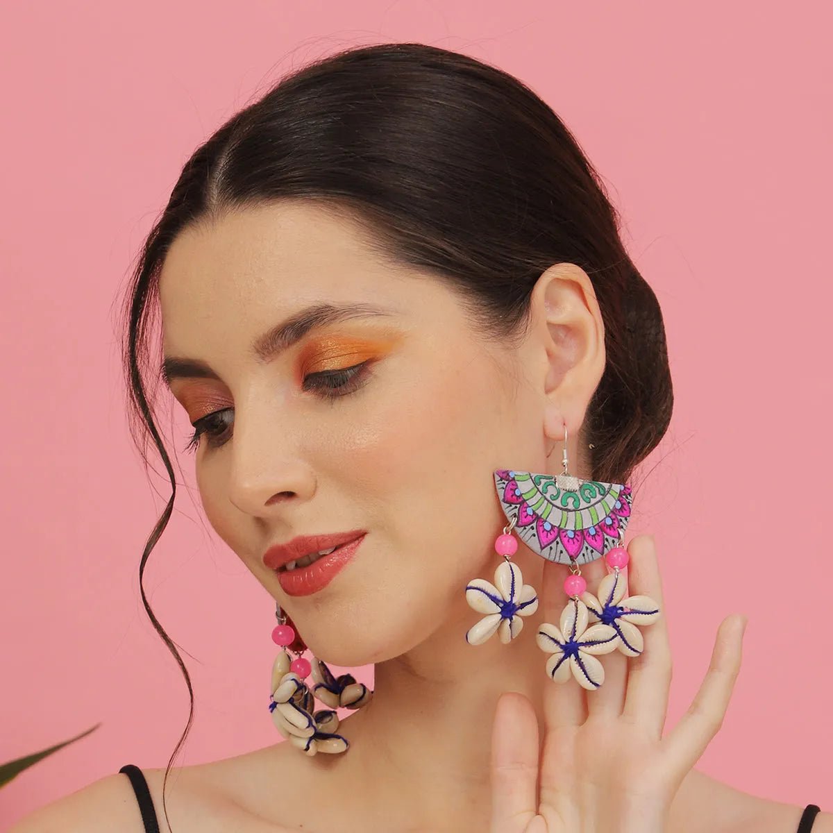 Mandala Shell Bohemian Multi Color Hand Painted Drop (Earrings) HP - ER - 099 - KHOJ.CITY