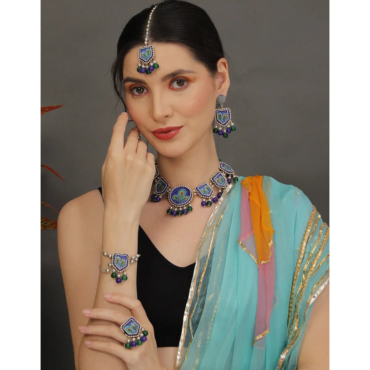 Mor Blue Classic Handmade Bridal Jewelry (Shaadi Set) - KHOJ.CITY