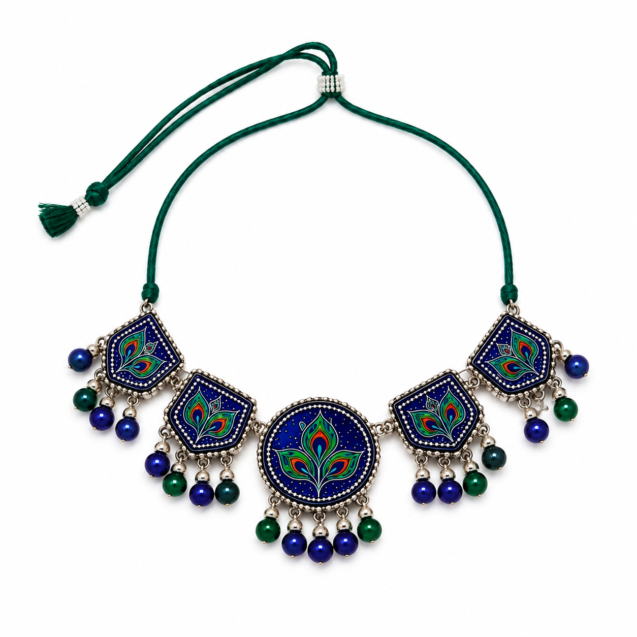 Mor Pankh Neel handpainted choker flatlay
