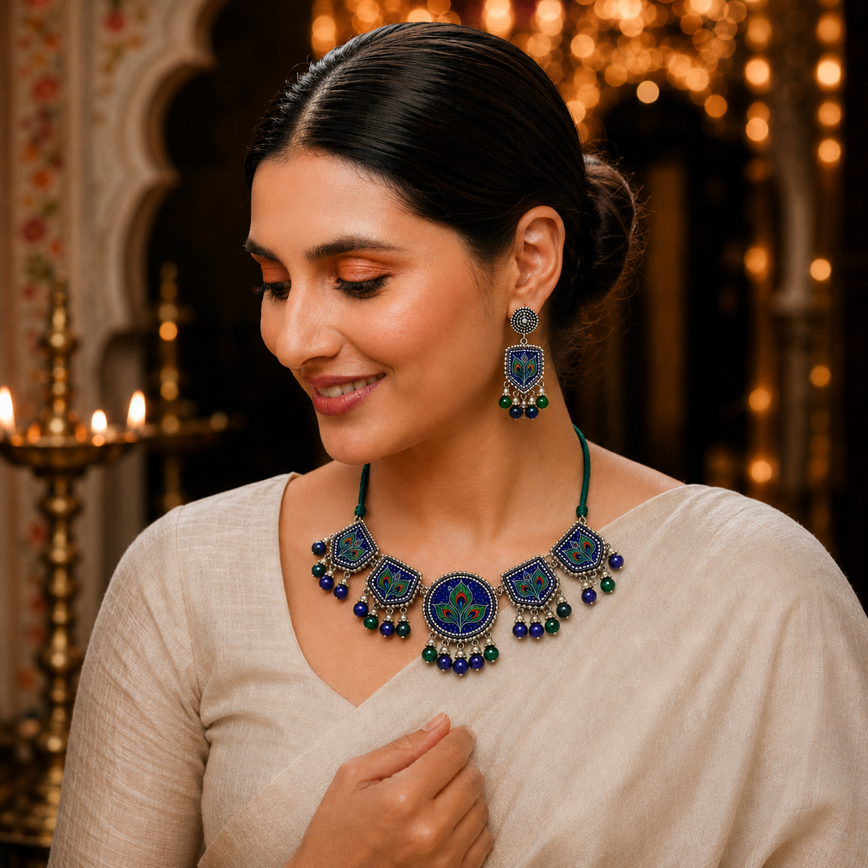 Mor Pankh Neel Handpainted Choker Set on model