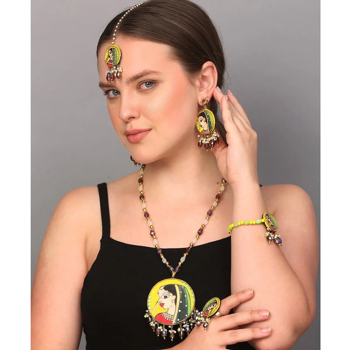 Nayana Haldi Classic Multi Color Hand Painted Bridal jewelry (Shaadi Set) - 022 - KHOJ.CITY