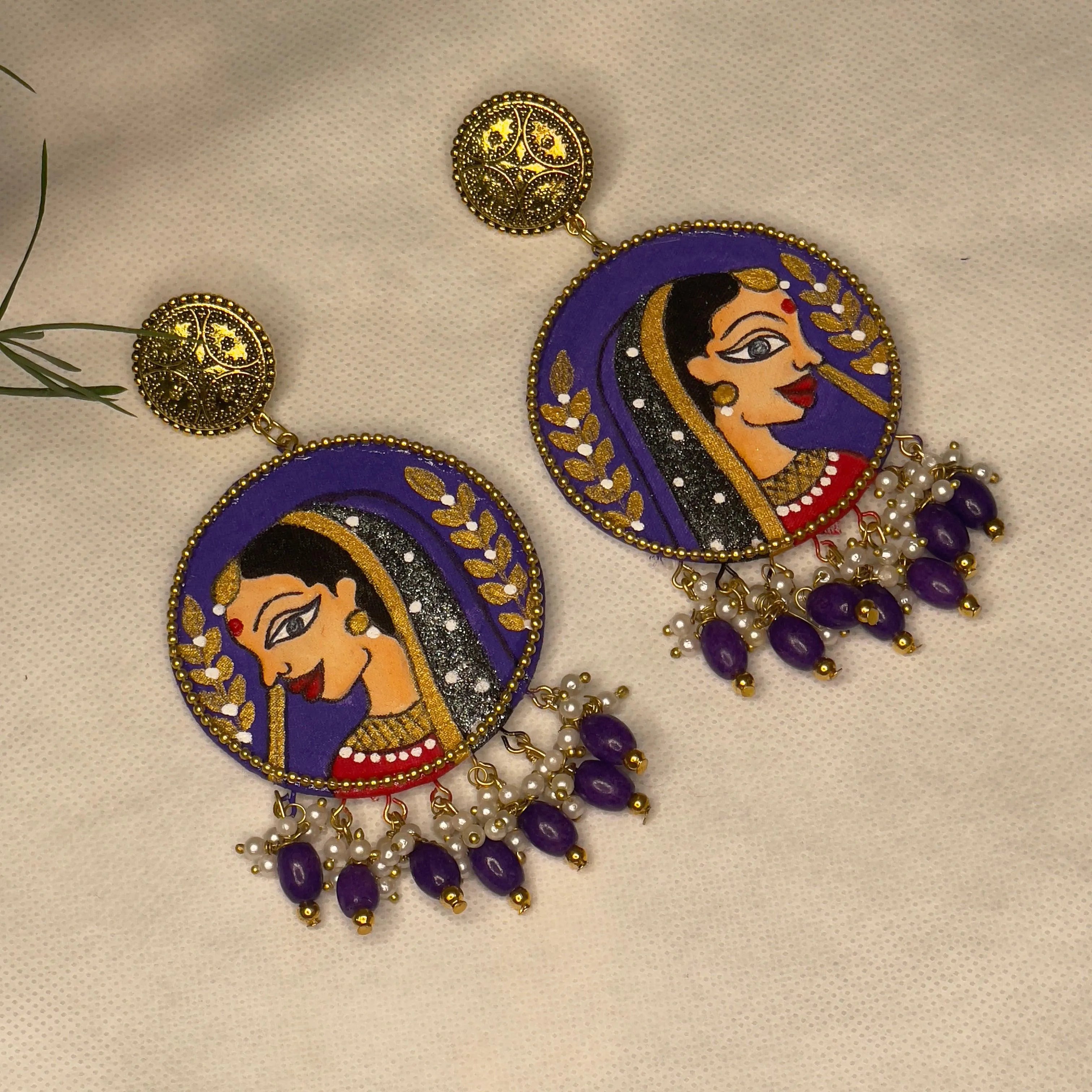 Nayana Traditional Purple Hand Painted Drop (Earrings) HP-ER-148 - KHOJ.CITY