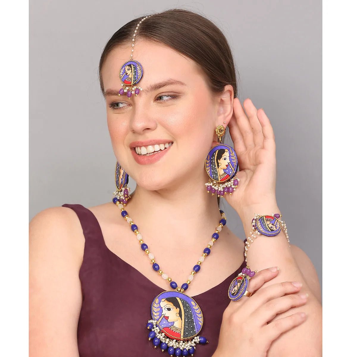 Nayana Purple Classic Multi Color Hand Painted Bridal jewelry (Shaadi Set) - KHOJ.CITY