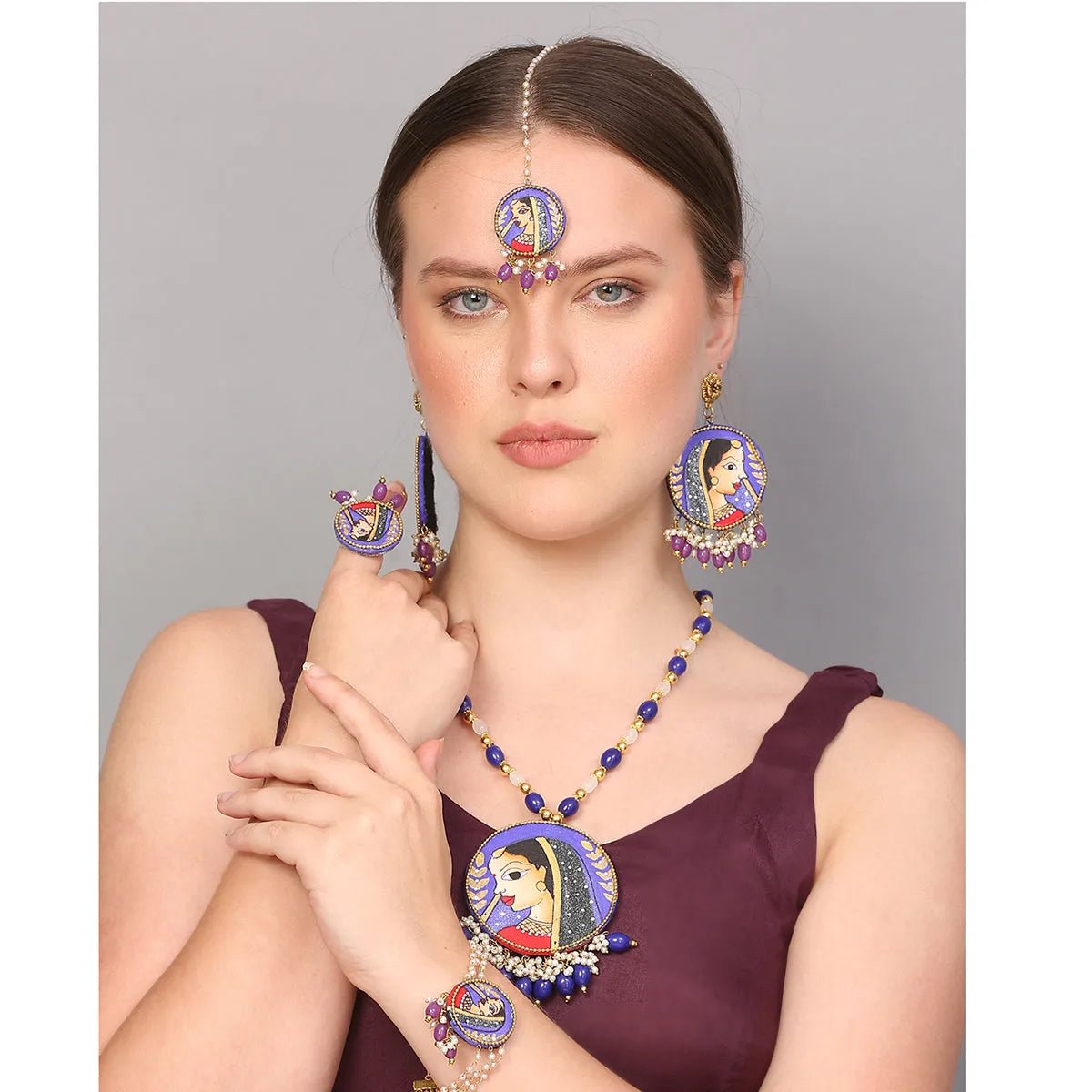 Nayana Purple Classic Multi Color Hand Painted Bridal jewelry (Shaadi Set) - KHOJ.CITY