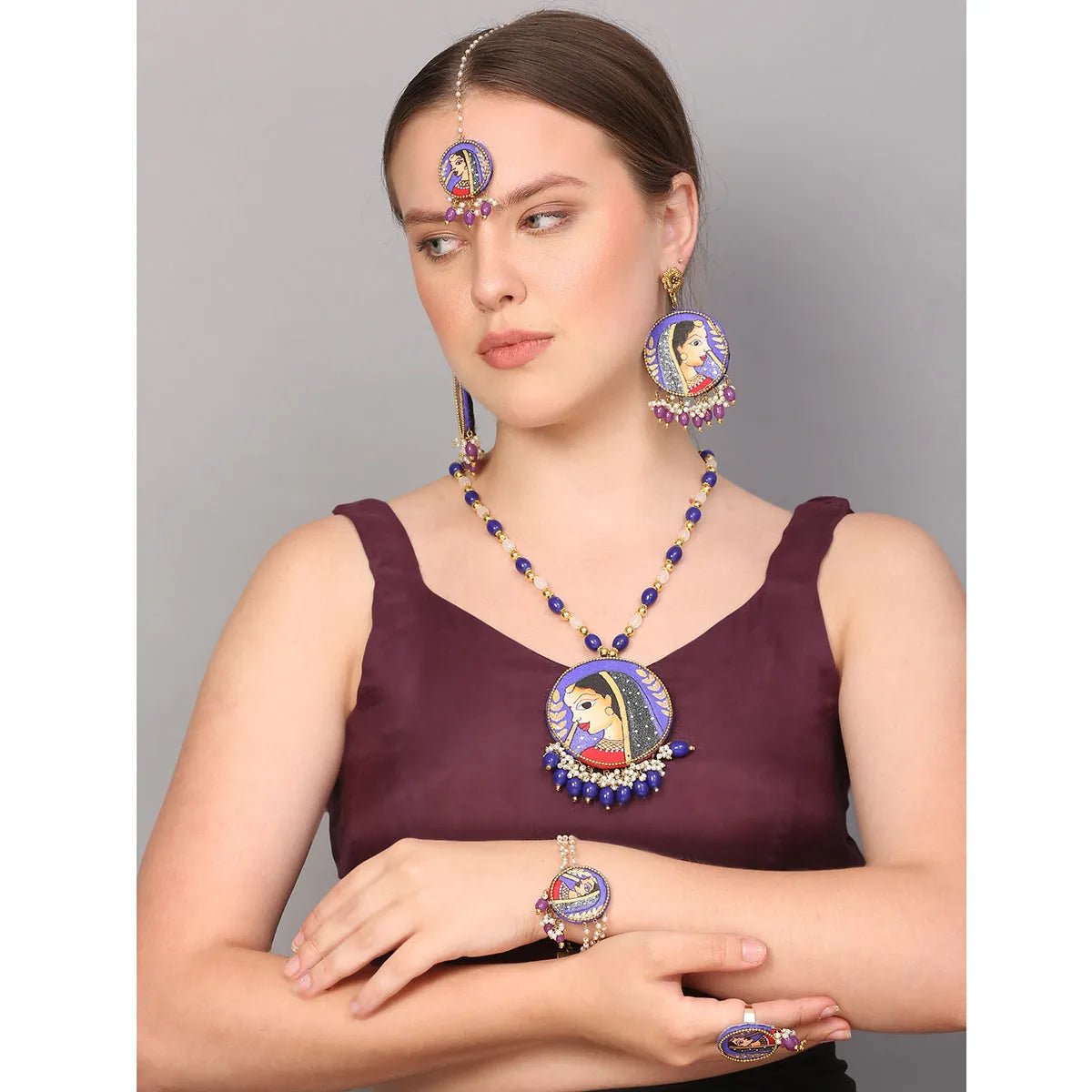 Nayana Purple Classic Multi Color Hand Painted Bridal jewelry (Shaadi Set) - KHOJ.CITY