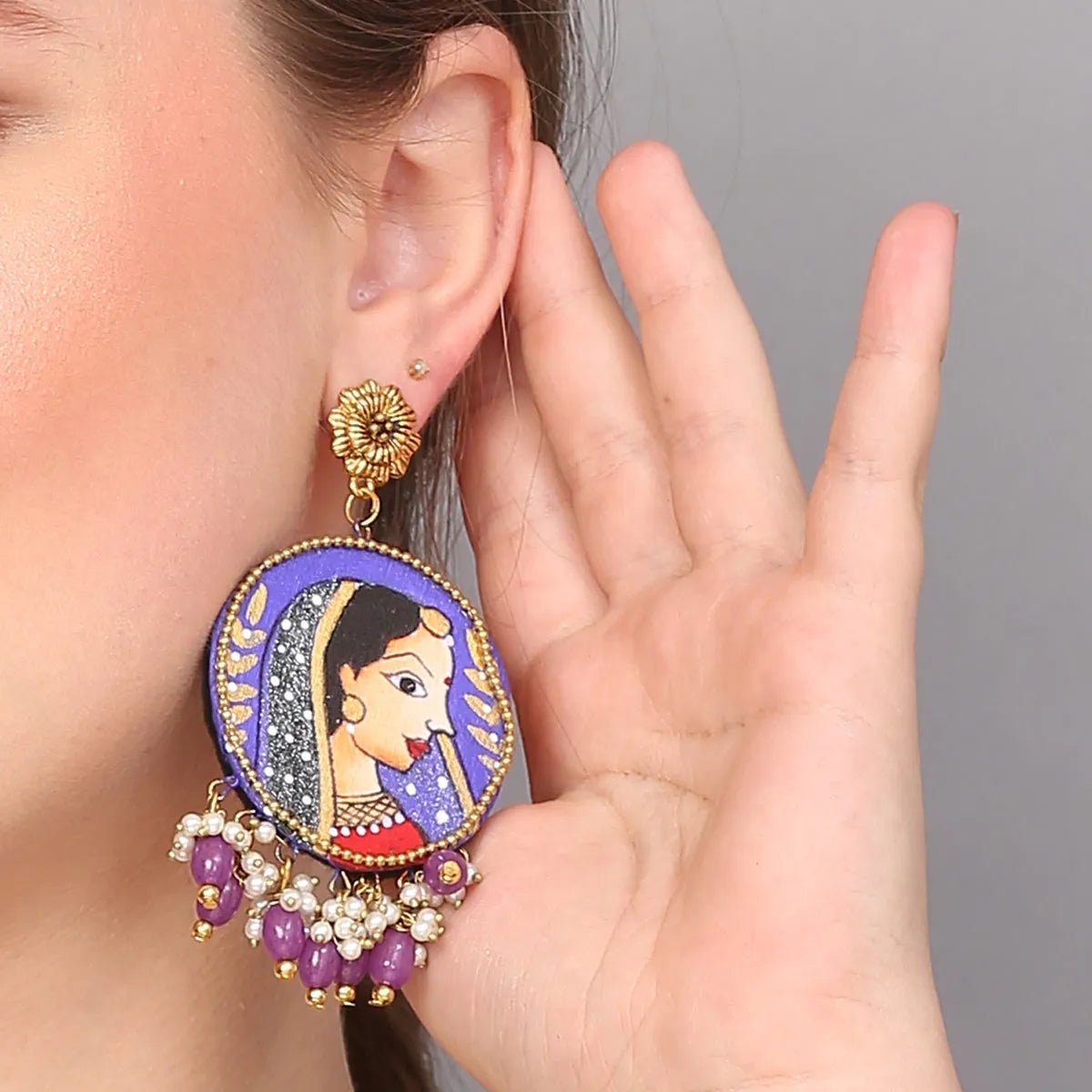 Nayana Traditional Purple Hand Painted Drop (Earrings) HP - ER - 148 - KHOJ.CITY