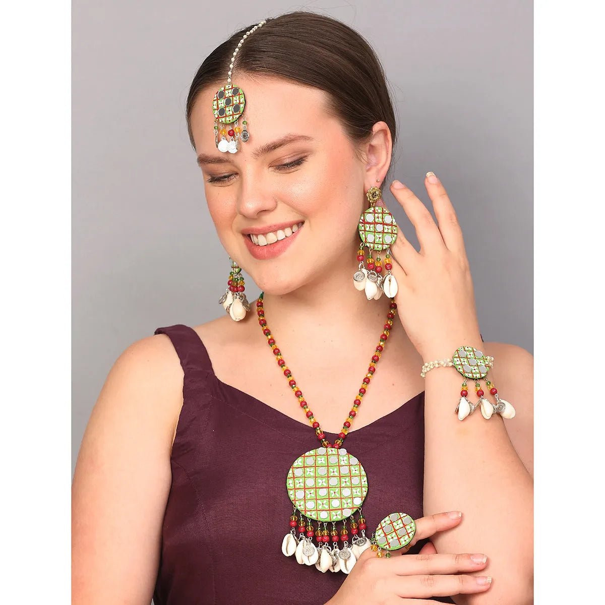 Olive Classic Multi Color Handmade Bridal Jewelry (Shaadi Set) - 013 - KHOJ.CITY