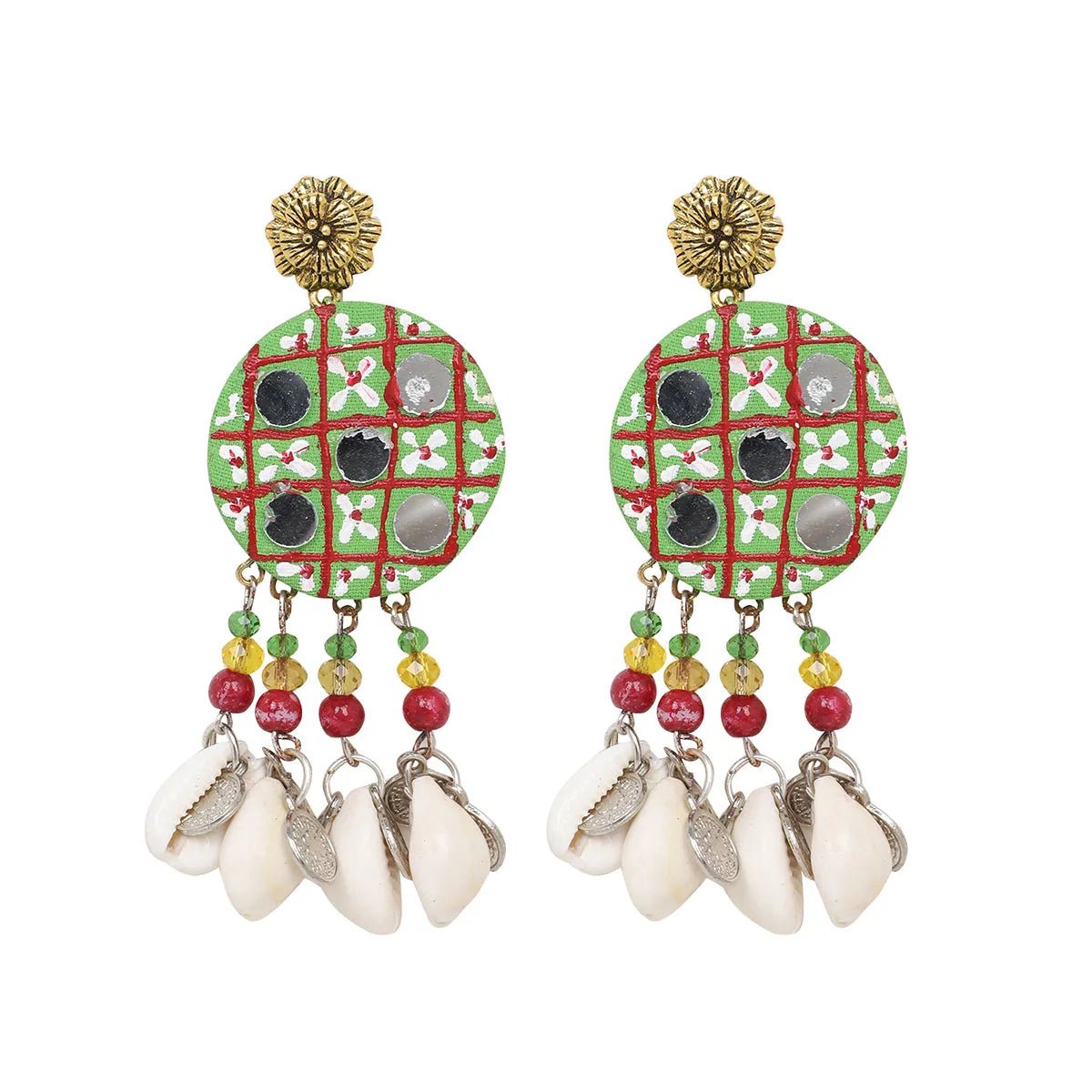 Olive Traditional Multi Color Hand Painted Drop (Earrings) HP - ER - KHOJ.CITY