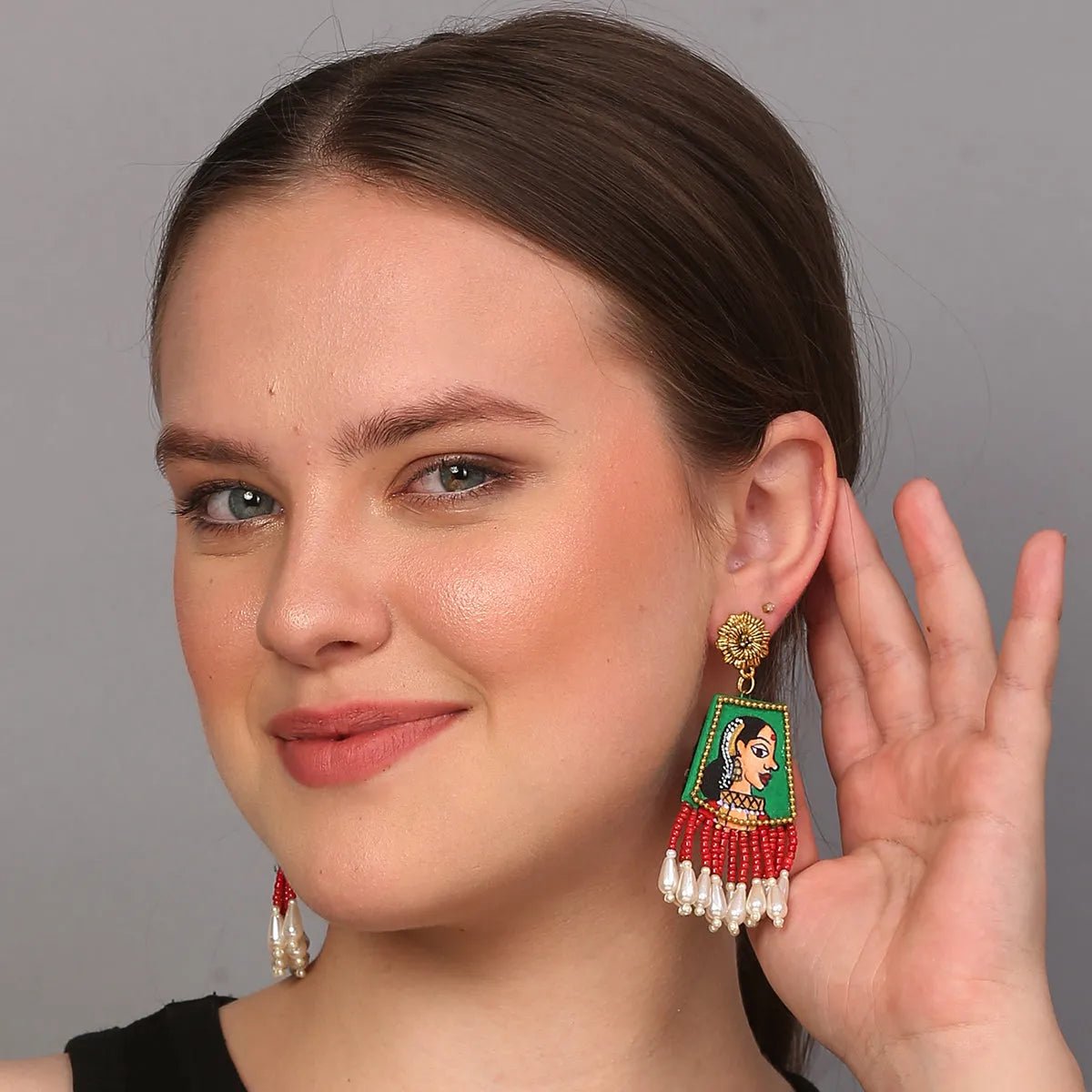 Padmini Traditional Green Hand Painted Drop (Earrings) HP - ER - 209 - KHOJ.CITY