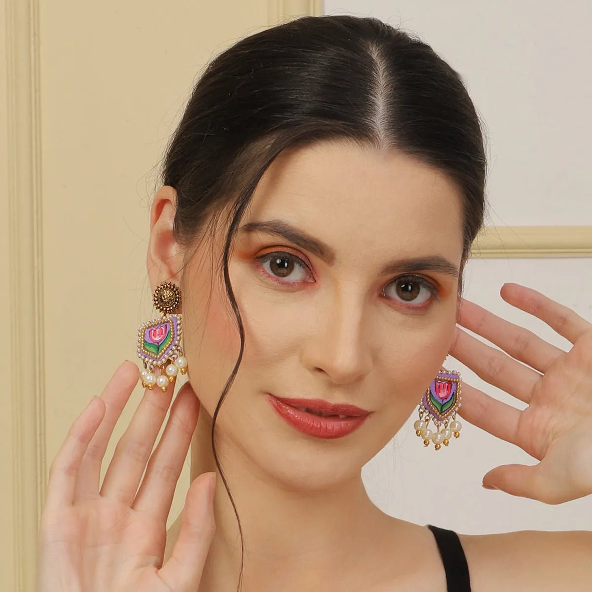 Purply Traditional Multi Color Hand Painted Drop (Earrings) HP - ER - 205 - KHOJ.CITY