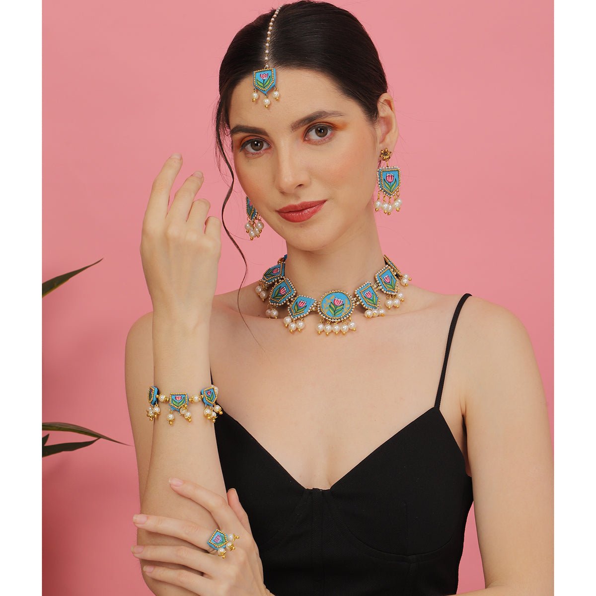 Waffa Classic Multi Color Hand Painted Bridal Jewelry (Shaadi Set) - 014 - KHOJ.CITY