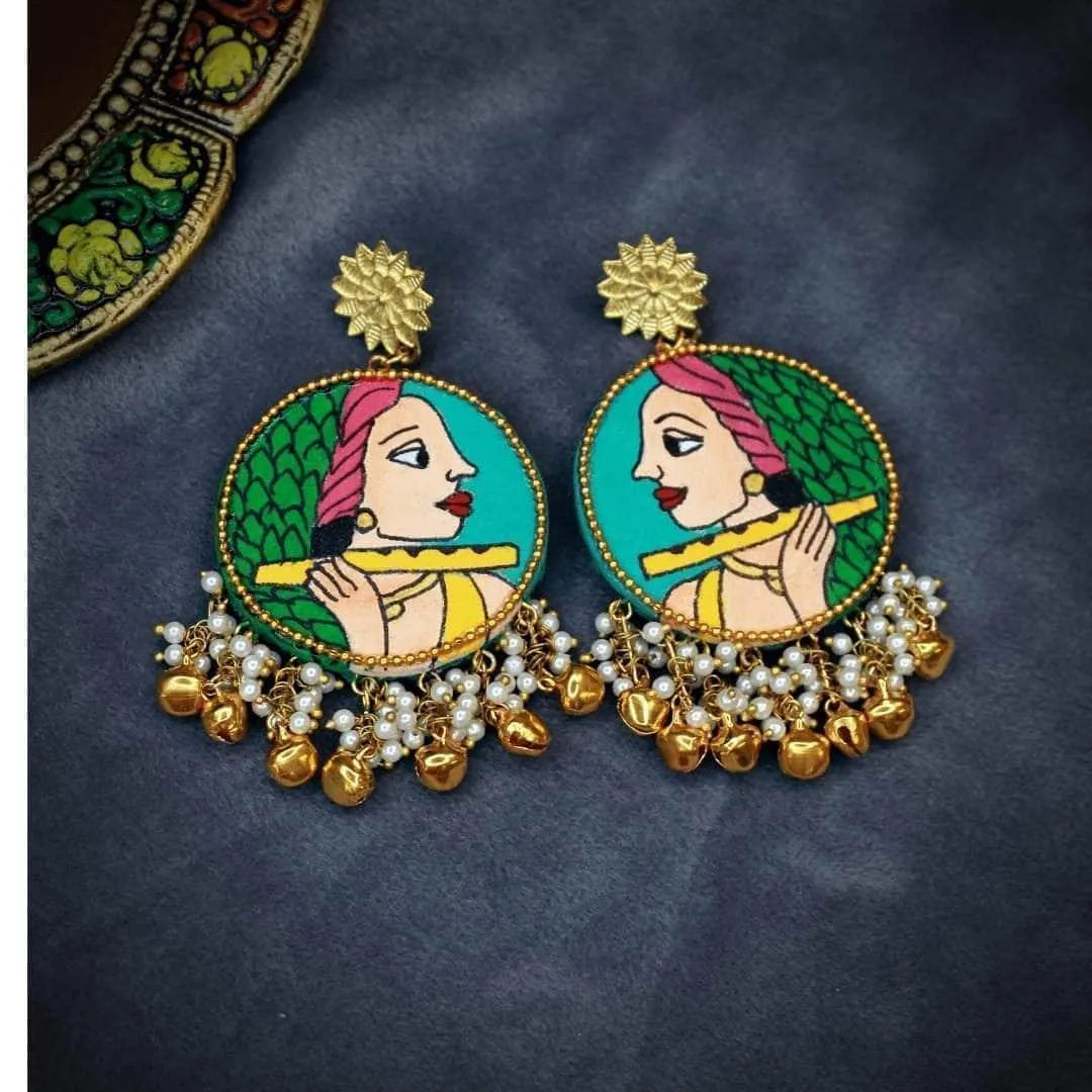 Bansy Traditional Teal Blue Hand Painted Drop (Earrings) HP-ER-019 - KHOJ.CITY