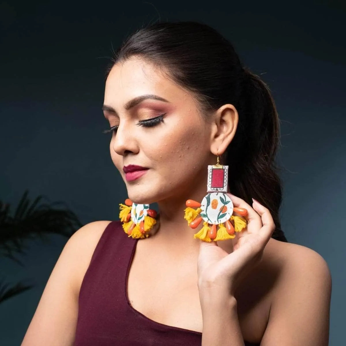 Clementine Field Traditional Multi Color Hand Painted Drop (Earrings) HP-ER-043 - KHOJ.CITY