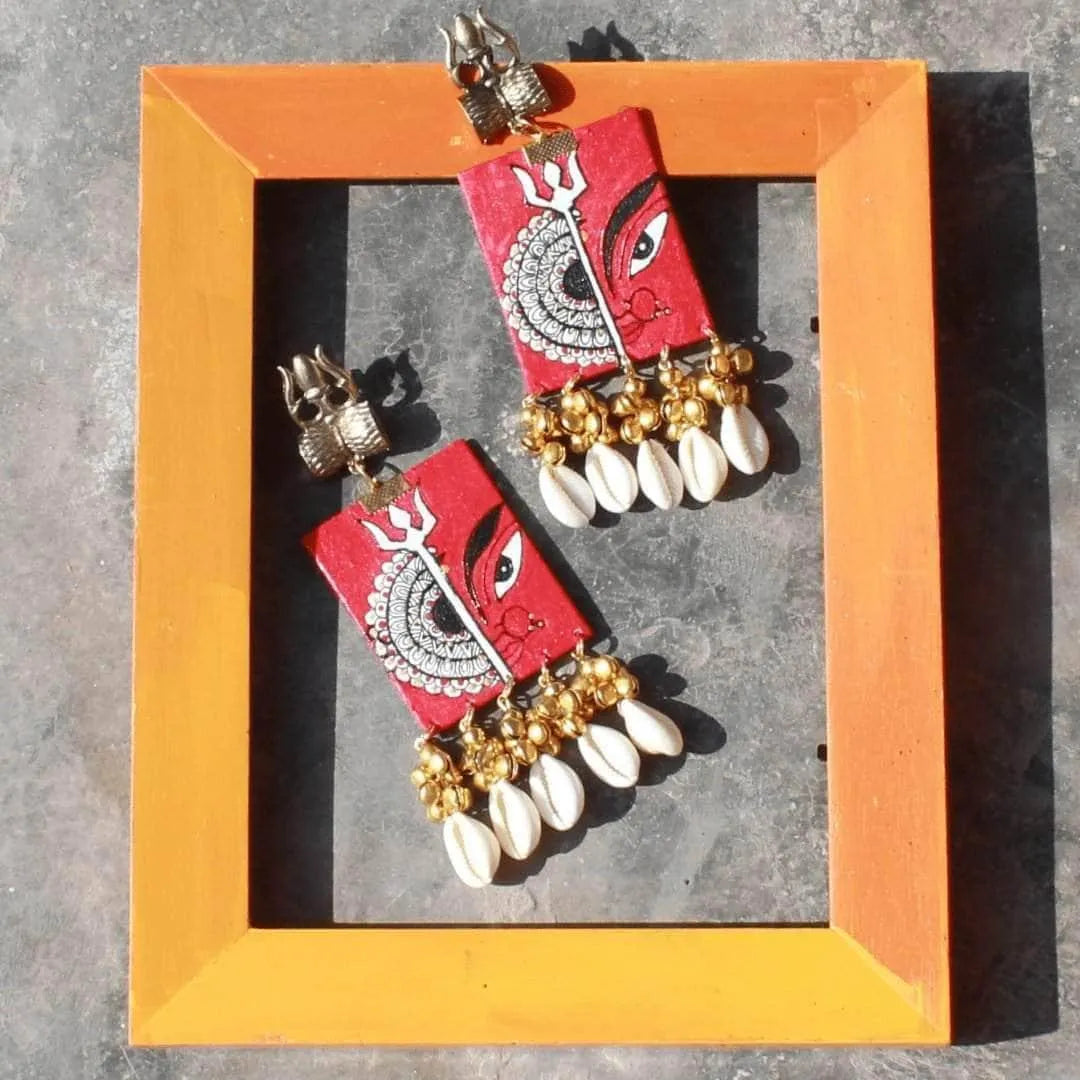 Durga Mandala Traditional Multi Color Hand Painted Drop (Earrings) HP-ER-057 - KHOJ.CITY