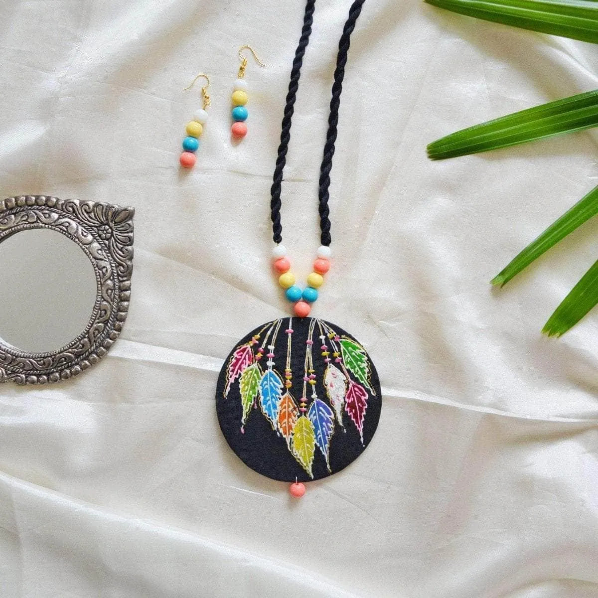 Feathered Field Bohemian Multi Color Hand Painted (Necklace Set) HP-NP-040 - KHOJ.CITY