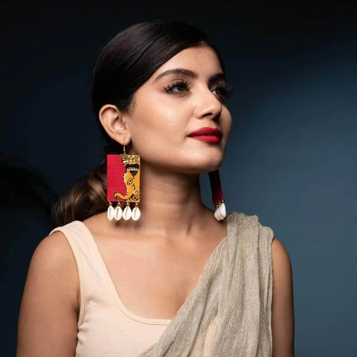 Ganarajya Mumbai Cha Ganesha Traditional Multi Color Hand Painted Drop (Earrings) HP-ER-138 - KHOJ.CITY