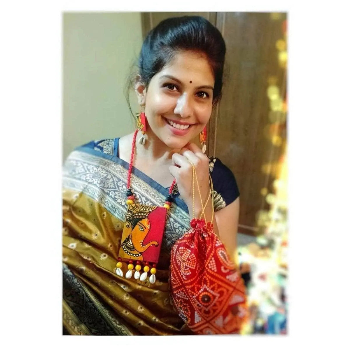 Ganarajya Mumbai Cha Ganesha Traditional Multi Color Hand Painted (Necklace Set) HP-NP-135 - KHOJ.CITY
