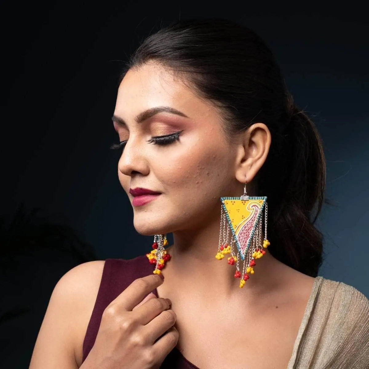 Jalsa Traditional Multi Color Hand Painted Drop (Earrings) HP-ER-082 - KHOJ.CITY