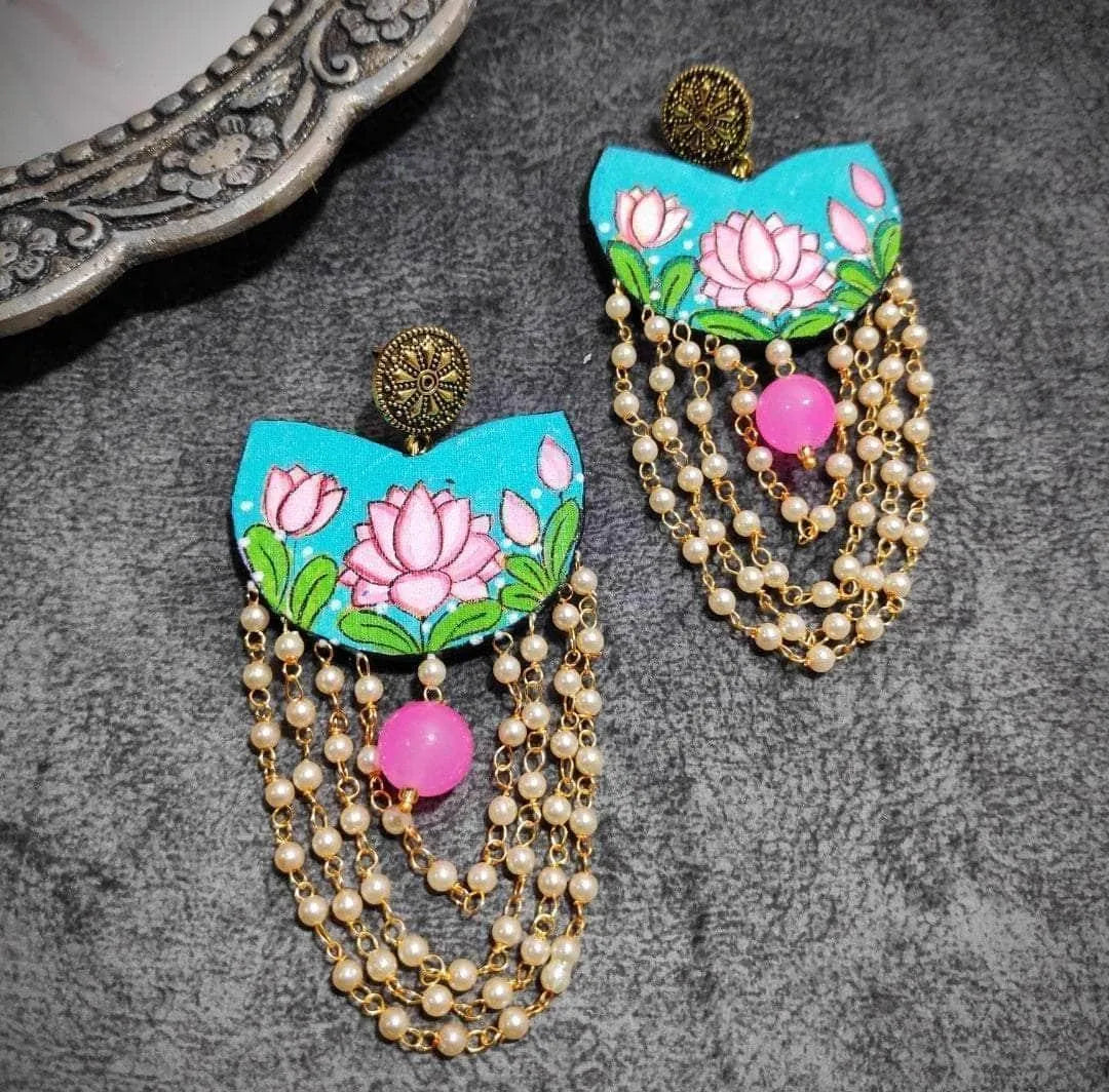 Kaatyayani Traditional Teal Blue Hand Painted Drop (Earrings) HP-ER-166 - KHOJ.CITY