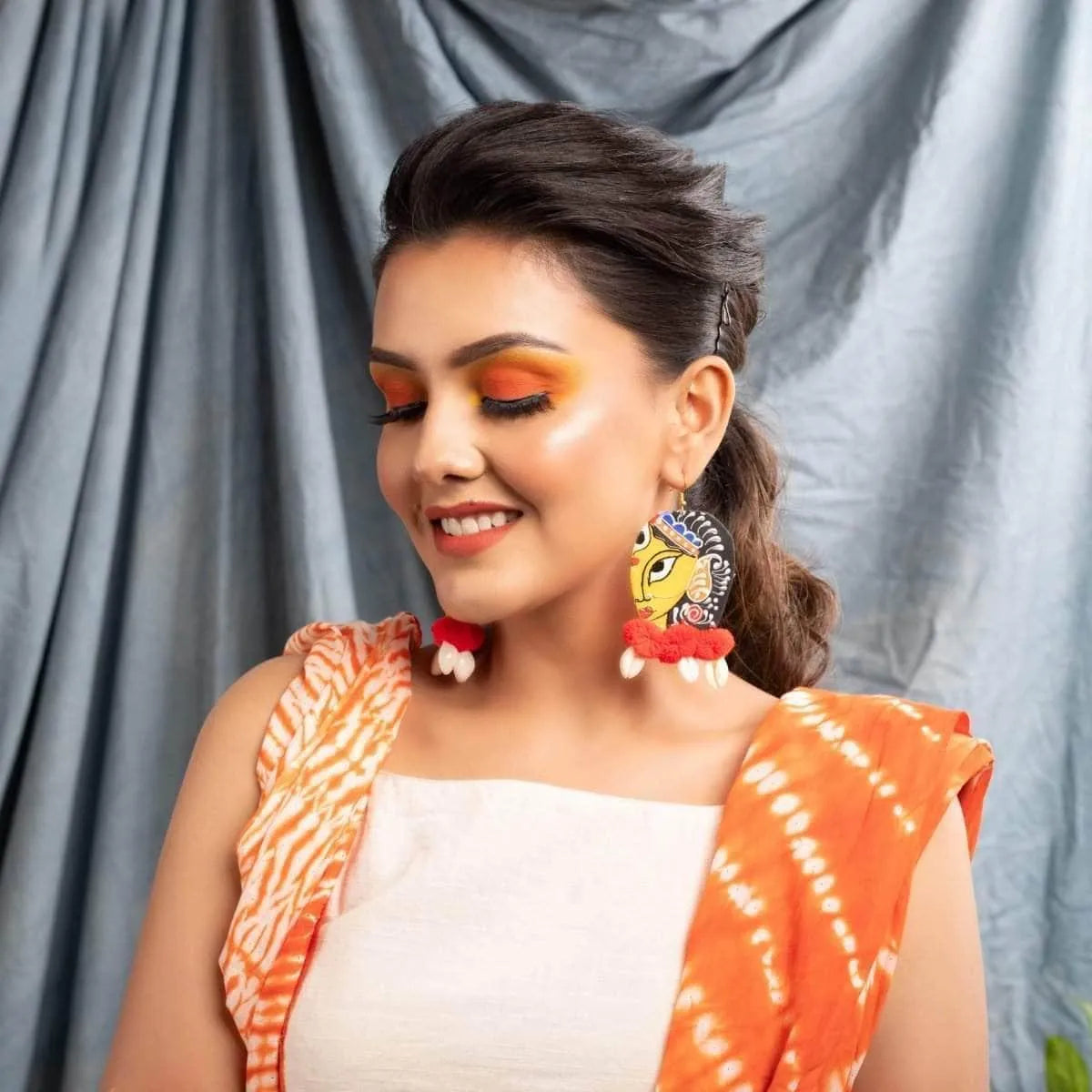 Kapalini Durga Traditional Multi Color Hand Painted Drop (Earrings) HP-ER-090 - KHOJ.CITY