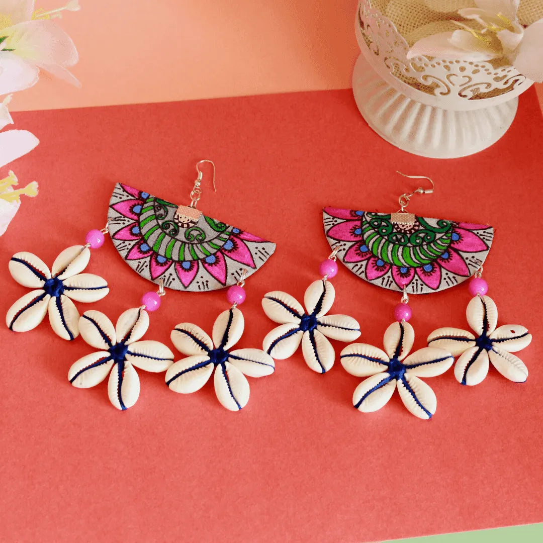 Mandala Shell Bohemian Multi Color Hand Painted Drop (Earrings) HP-ER-099 - KHOJ.CITY