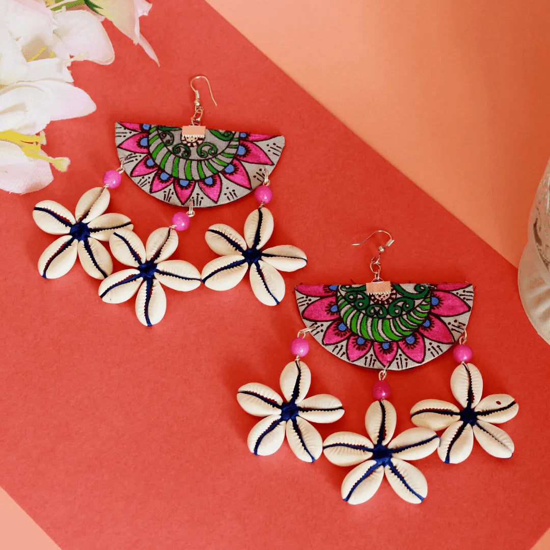 Mandala Shell Bohemian Multi Color Hand Painted Drop (Earrings) HP-ER-099 - KHOJ.CITY