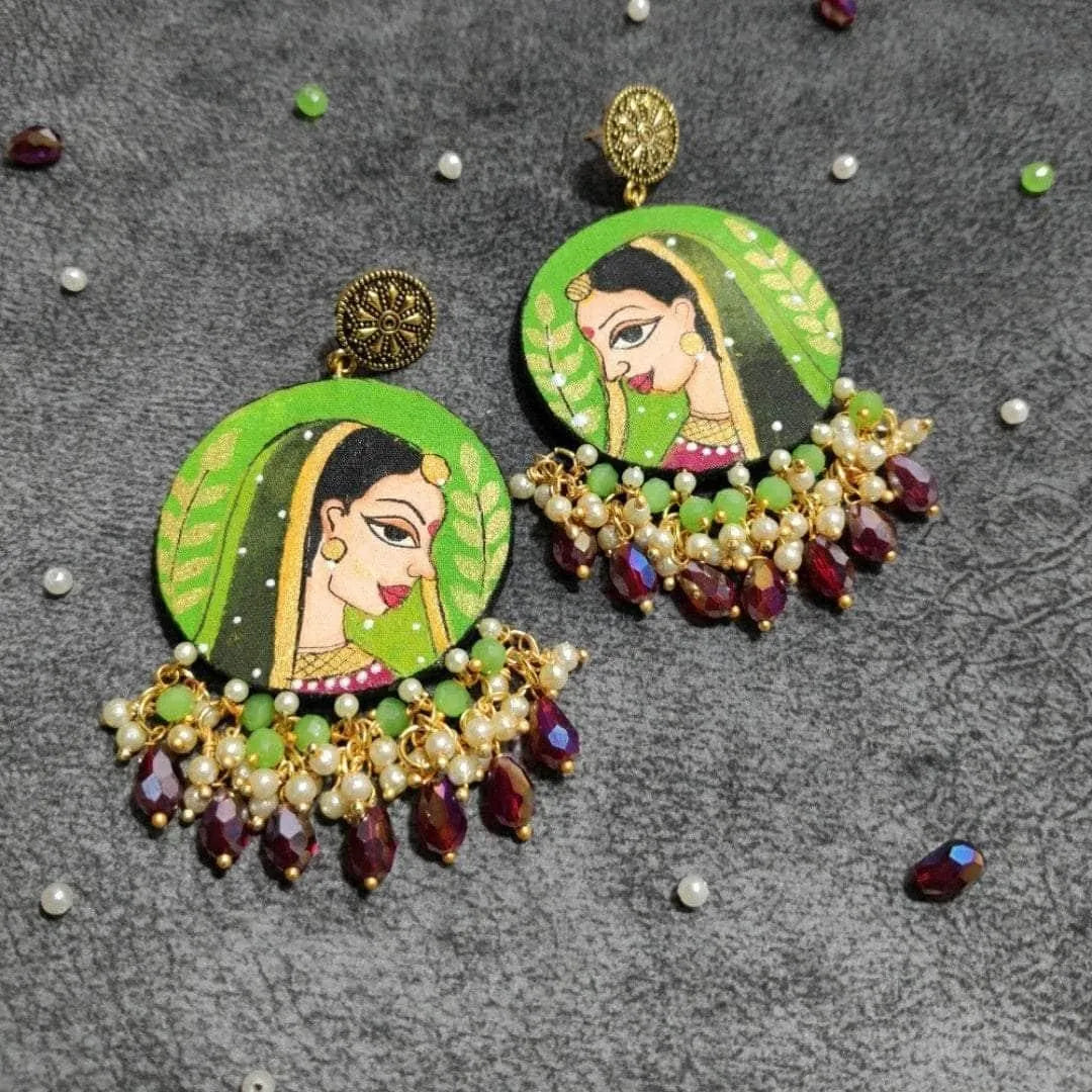 Nayana Traditional Green Hand Painted Drop (Earrings) HP-ER-147 - KHOJ.CITY