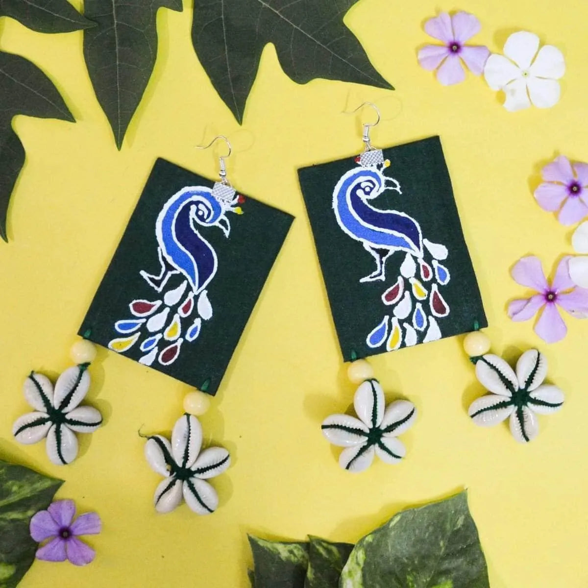 Perched Peafowl Traditional Multi Color Hand Painted Drop (Earrings) HP-ER-151 - KHOJ.CITY