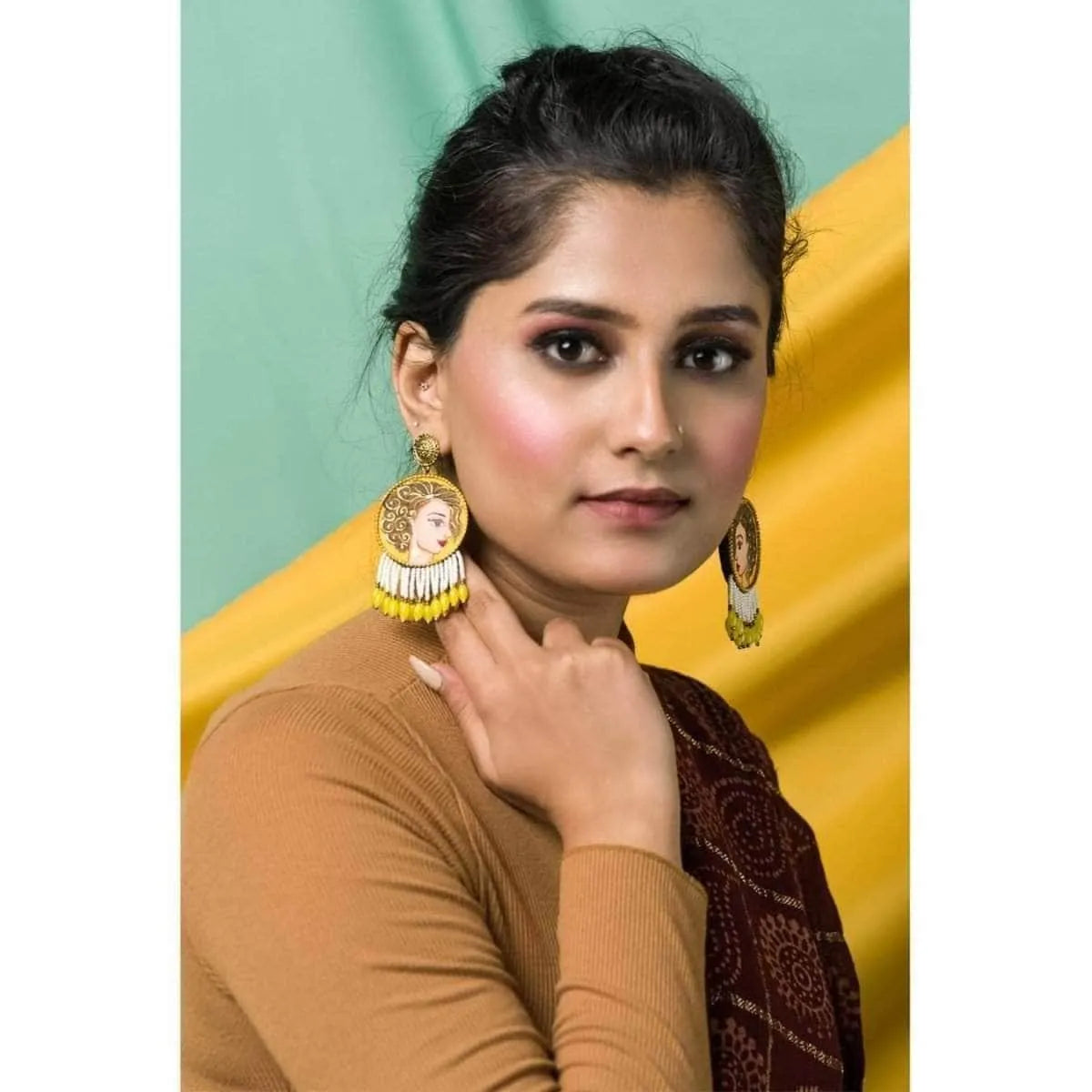 Doll Traditional Haldi Yellow Hand Painted Drop (Earrings) HP-ER-212 - KHOJ.CITY