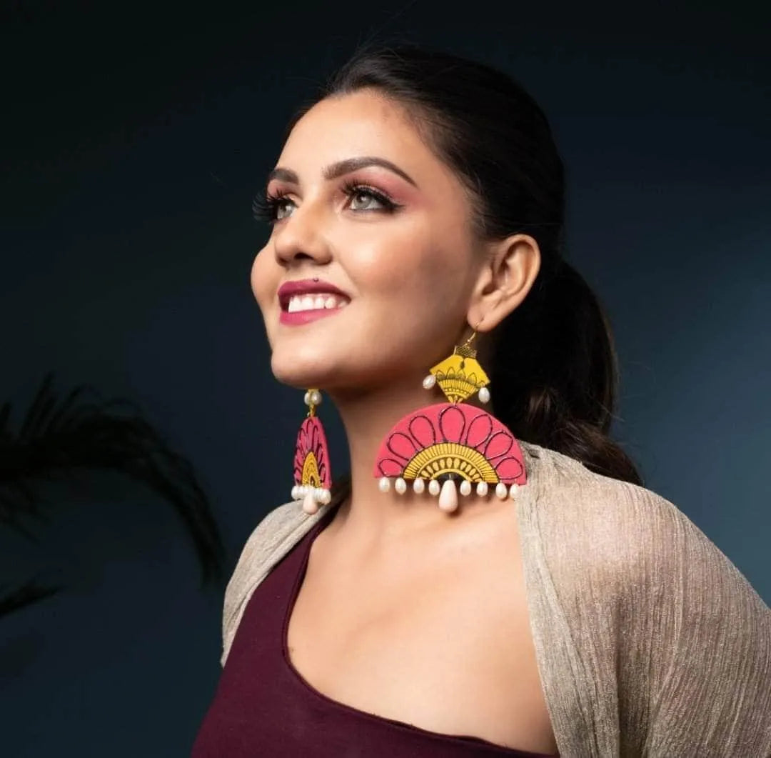 Sunset Pearls Traditional Multi Color Hand Painted Drop (Earrings) HP-ER-184 - KHOJ.CITY