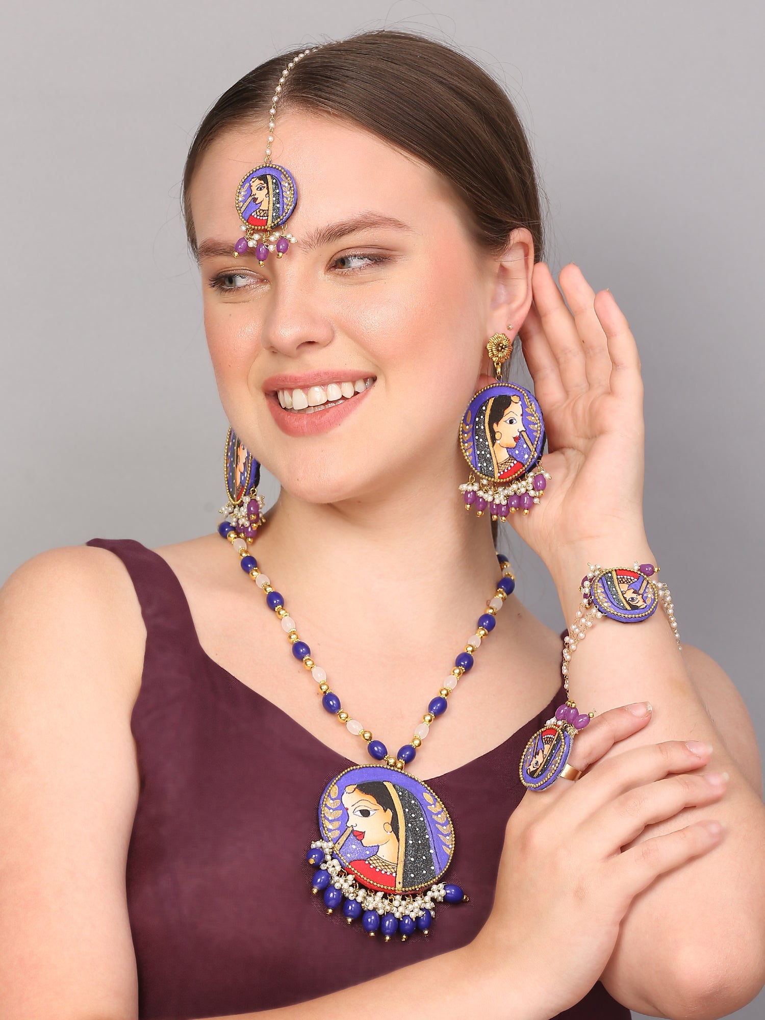 Nayana Purple Classic Multi Color Hand Painted Bridal jewelry (Shaadi Set)