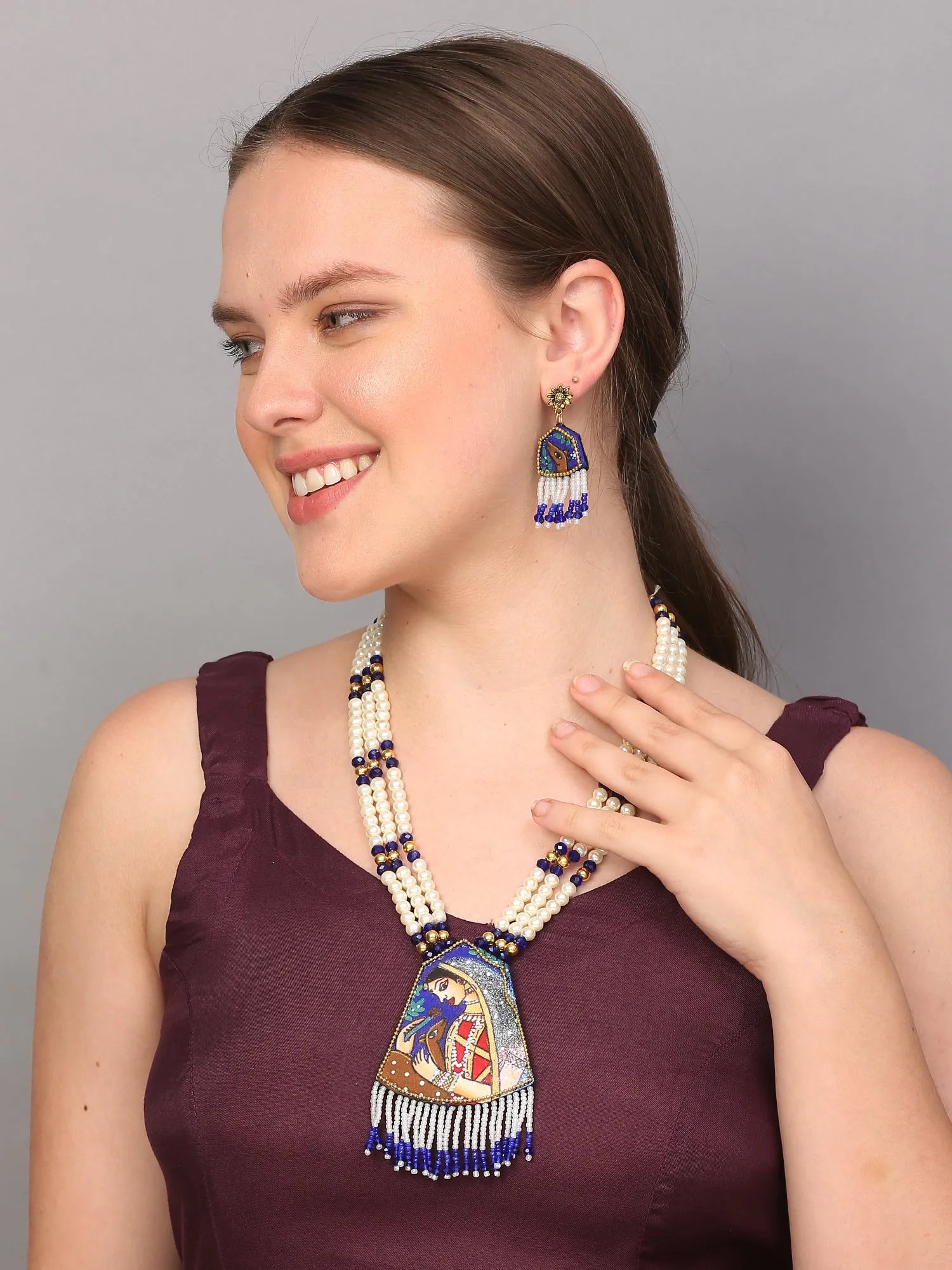 Mithila Blue Classic Hand Painted (Necklace Set) HP-NP-063 - KHOJ.CITY