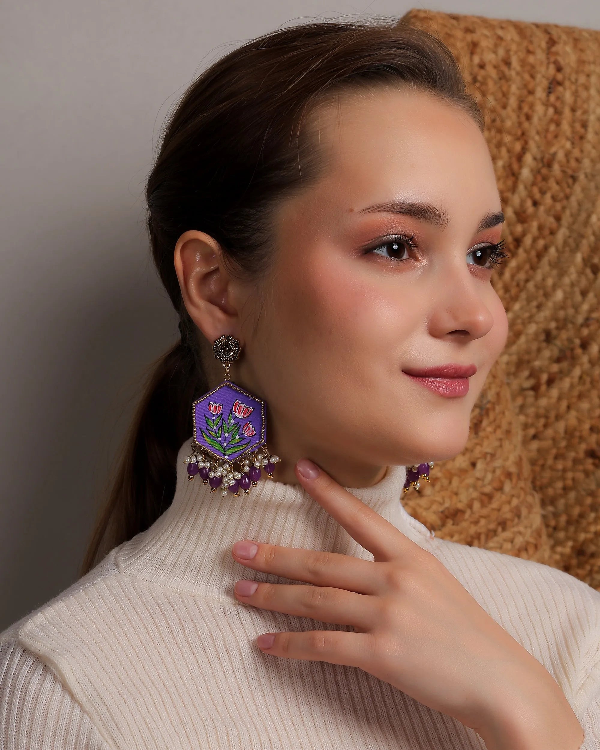 Dianthus Purple Hand Painted Drop (Earrings) HP-ER-051 - KHOJ.CITY