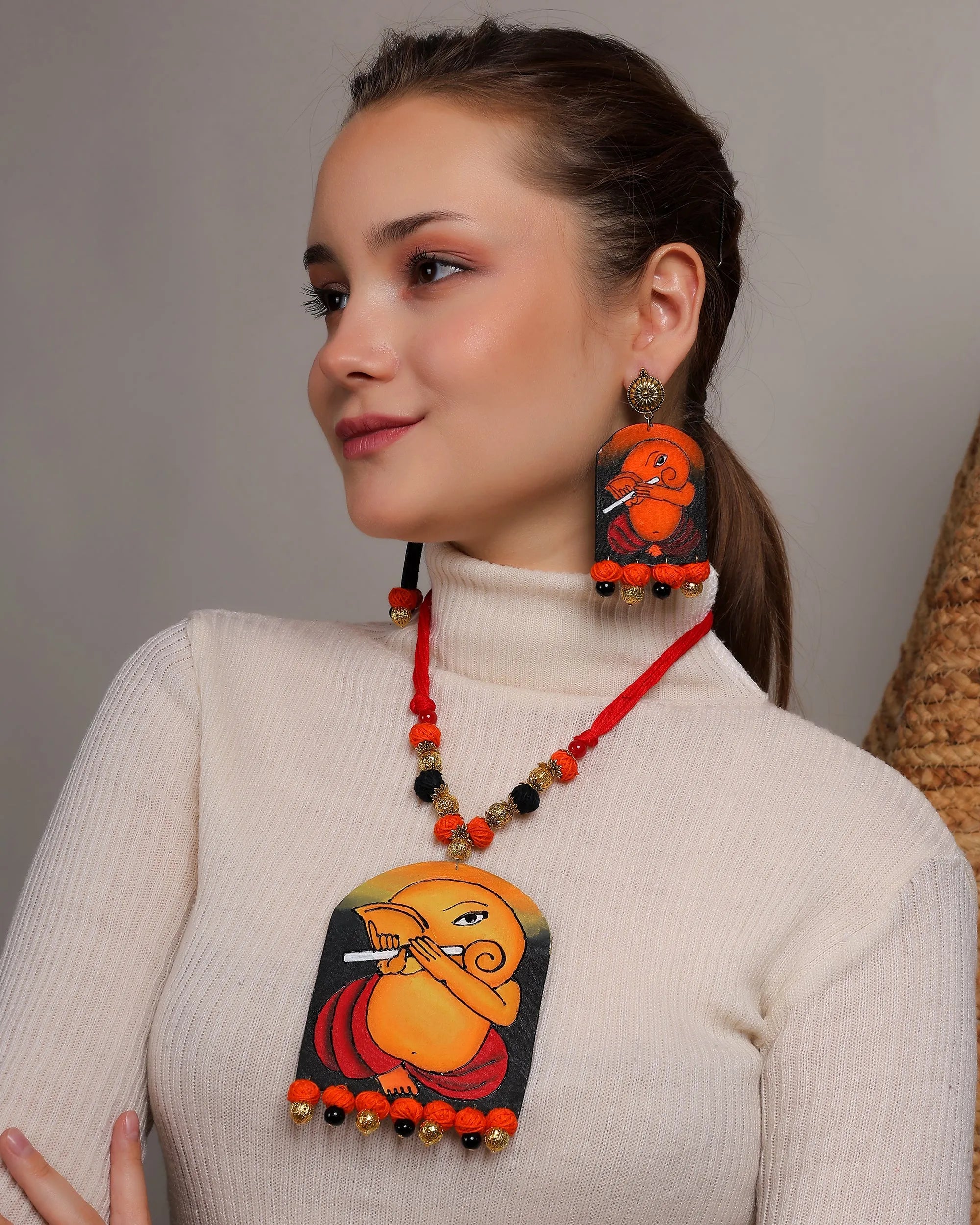 Ganapati Mumbai Cha Ganesha Traditional Multi Color Hand Painted (Necklace Set) HP-NP-185 - KHOJ.CITY