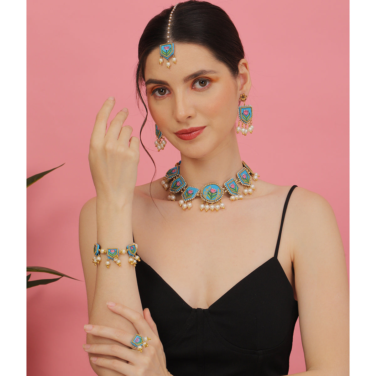 Waffa Classic Multi Color Hand Painted Bridal Jewelry (Shaadi Set) -014