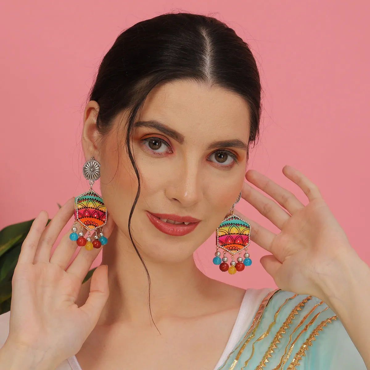 Rainbow Traditional Multi Color Hand Painted Drop (Earrings) HP-ER-167