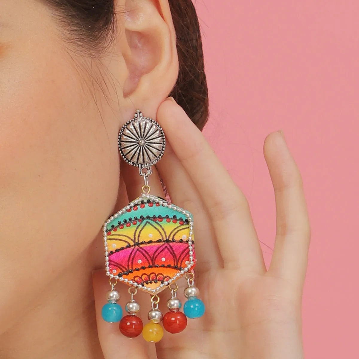 Rainbow Traditional Multi Color Hand Painted Drop (Earrings) HP-ER-167