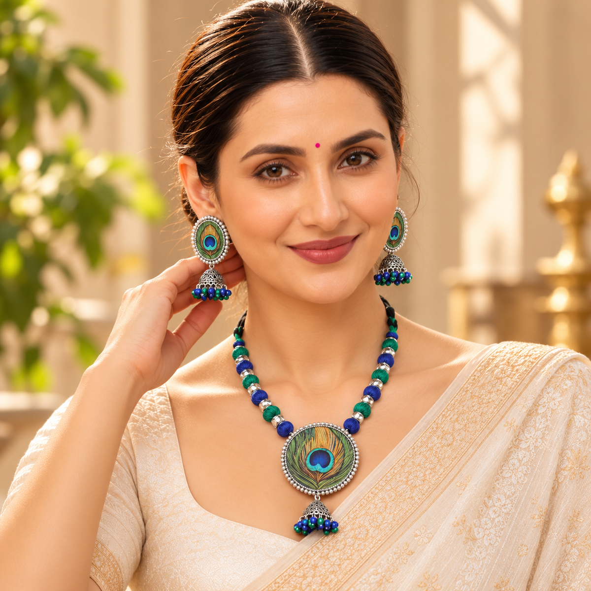 Mor Pankh Blue Handpainted Necklace Set