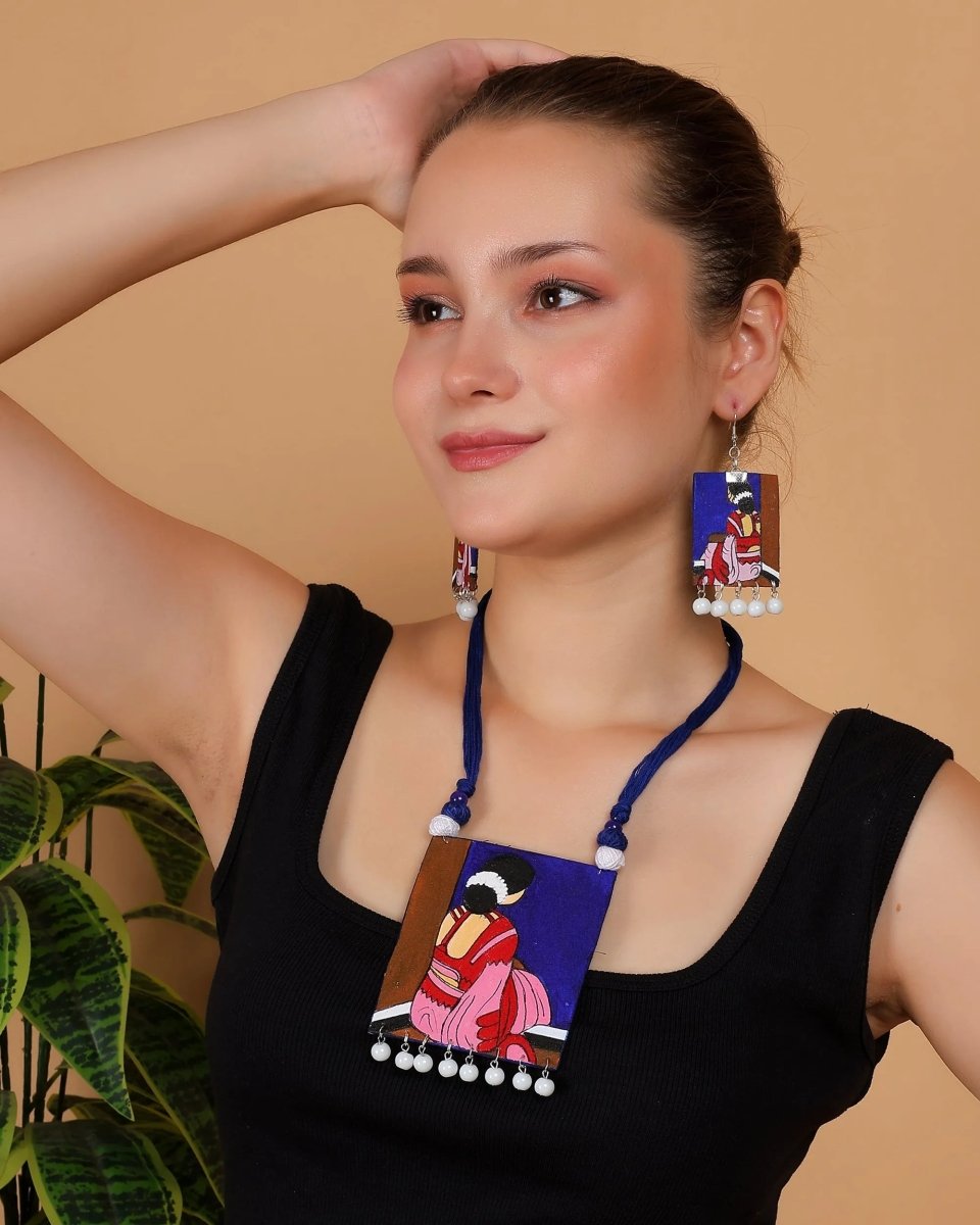 Abstract Bohemian Blue Hand Painted (Necklace Set) HP - NP - 167 - KHOJ.CITY