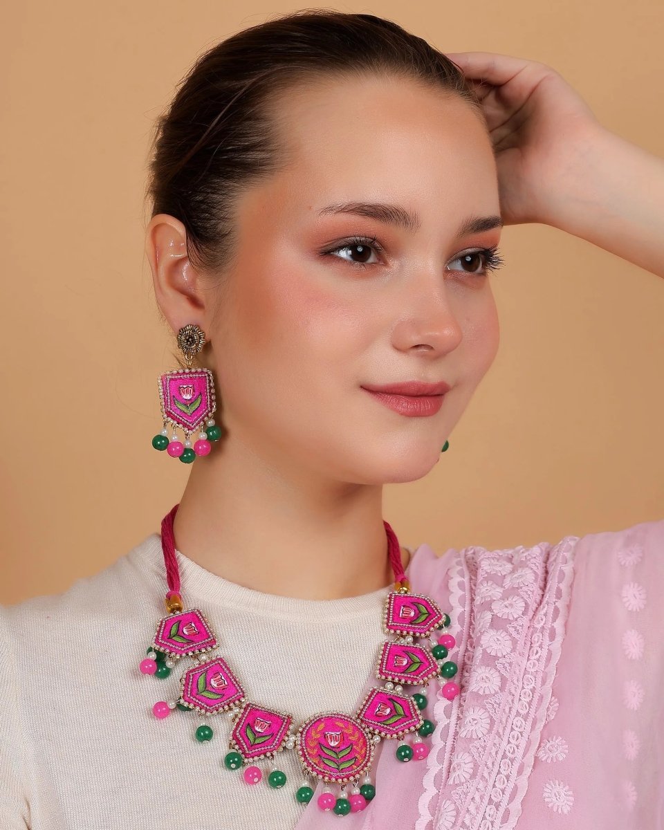 Acacia Bohemian Dark Pink Hand Painted (Necklace/Choker Set) HP - NP - 169 - KHOJ.CITY