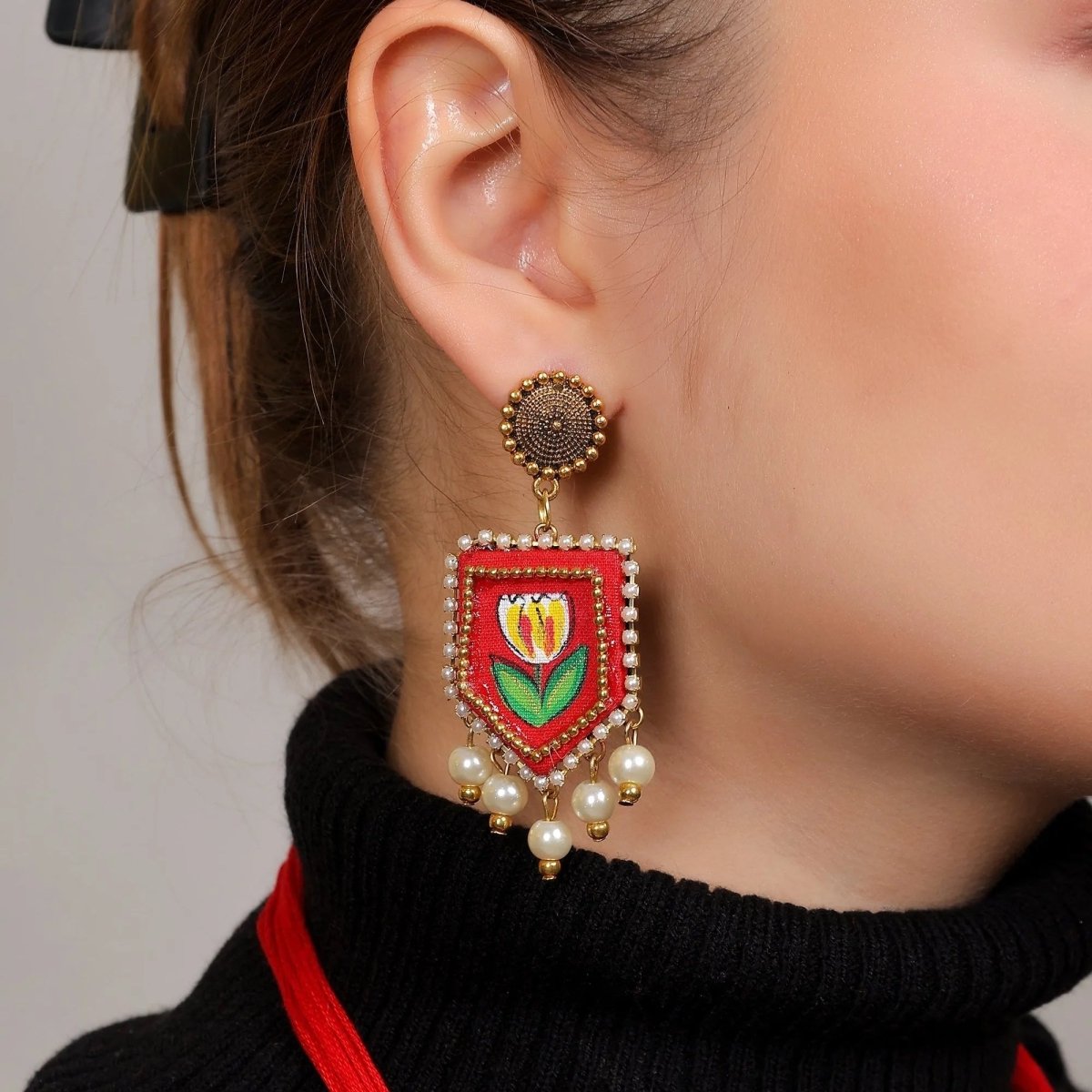 Adhira Classic Red Hand Painted Drop (Earrings) HP - ER - 005 - KHOJ.CITY