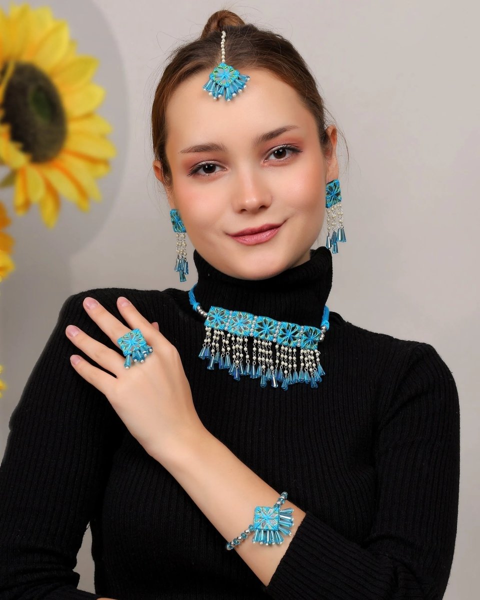 Denim Bloom Classic Multi Color Handmade Bridal Jewelry (Shaadi Set) - 006 - KHOJ.CITY