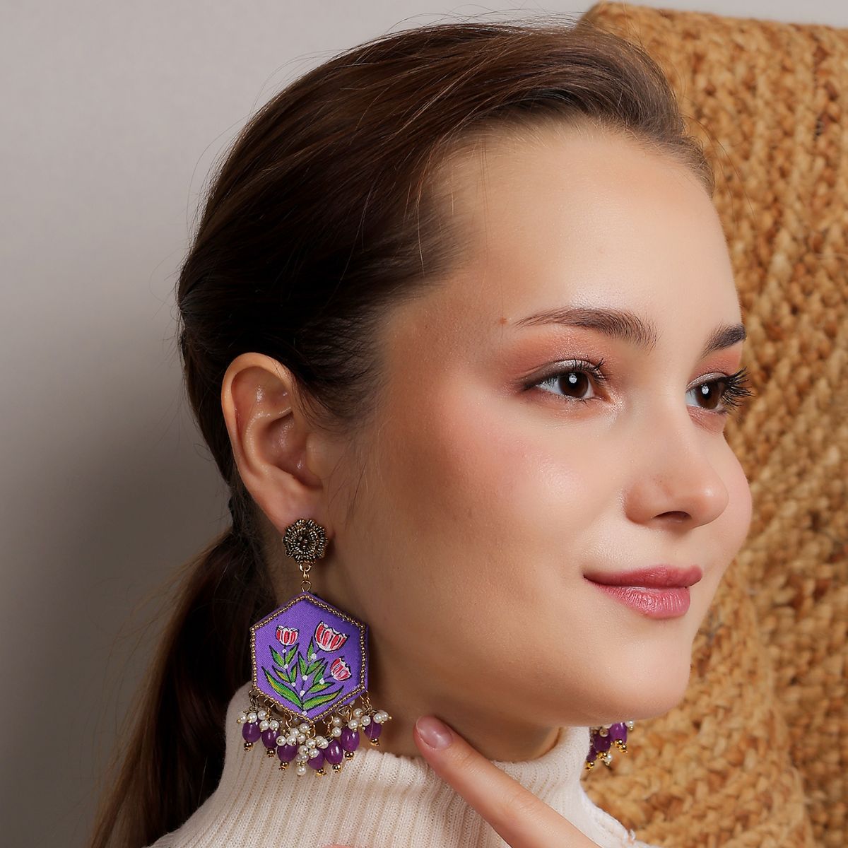 Dianthus Purple Hand Painted Drop (Earrings) HP - ER - 051 - KHOJ.CITY