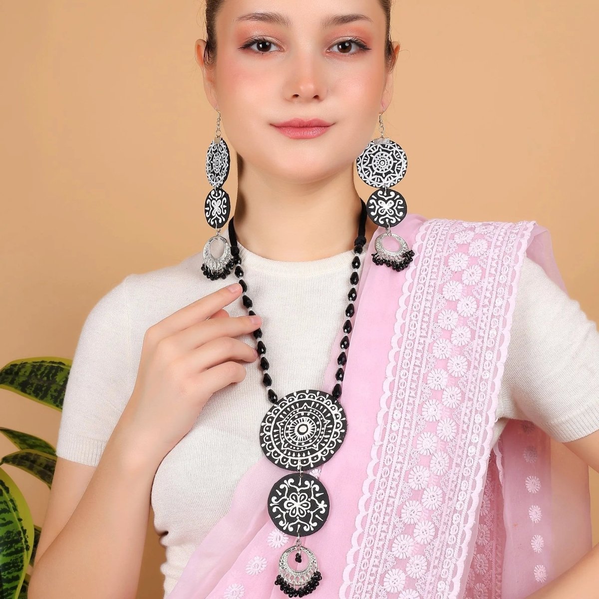 Dijul Black Hand Painted Drop (Necklace set) HP - NP - 183 - KHOJ.CITY