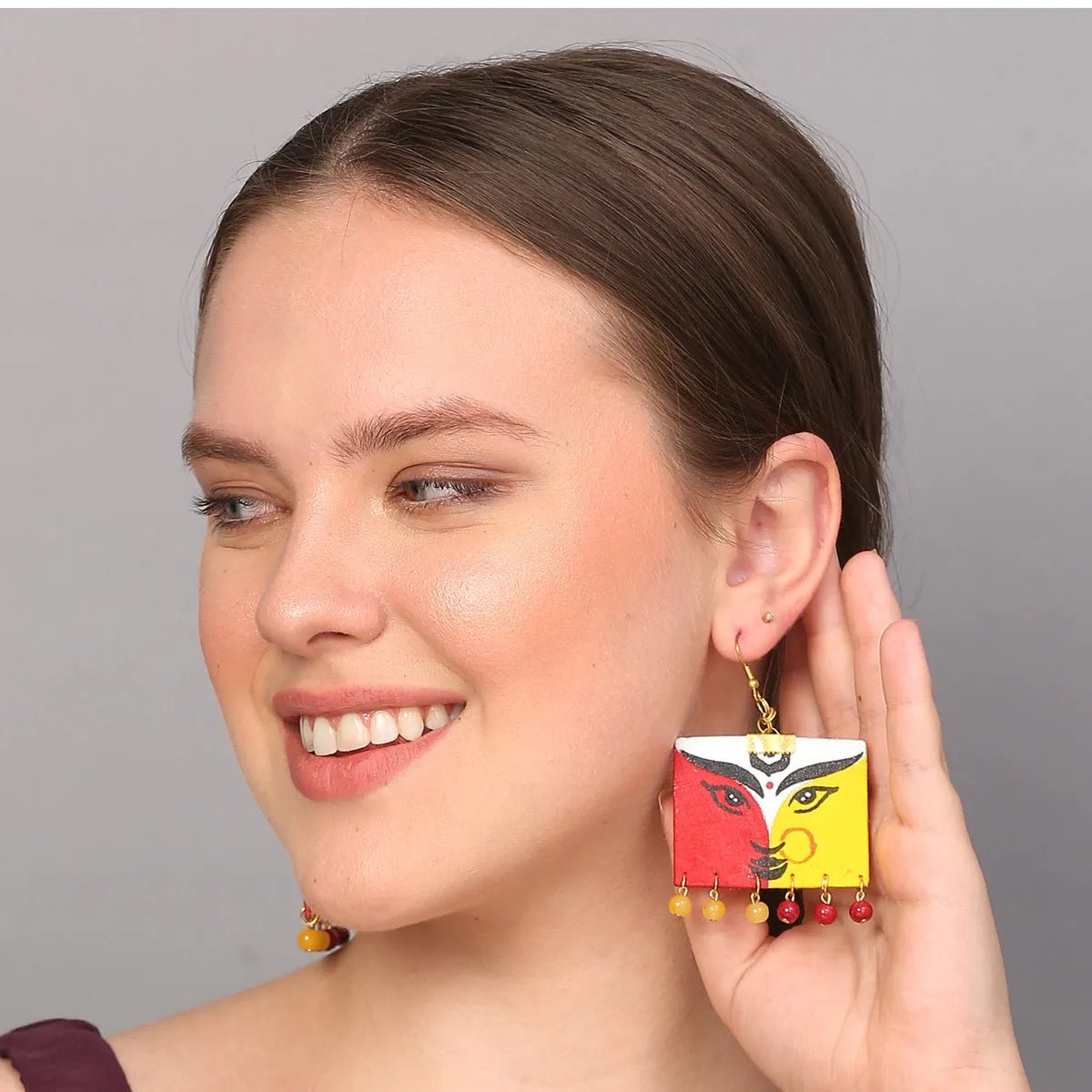 Durga Ma Traditional Multi Color Hand Painted Drop (Earrings) HP - ER - 056 - KHOJ.CITY