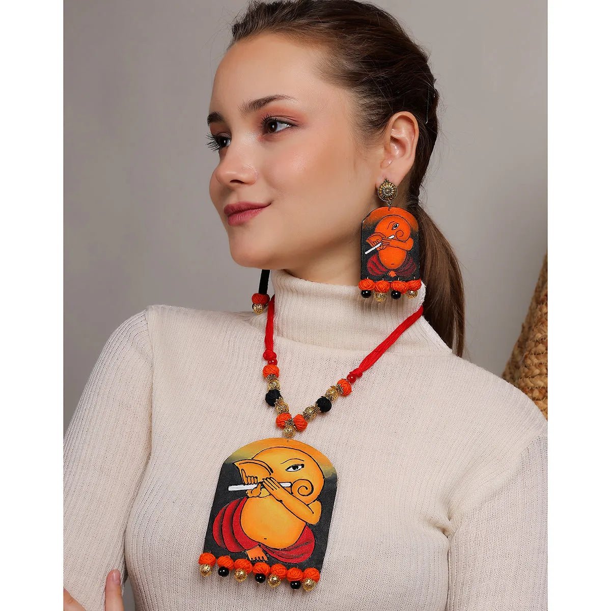 Ganapati Mumbai Cha Ganesha Traditional Multi Color Hand Painted (Necklace Set) HP - NP - 185 - KHOJ.CITY